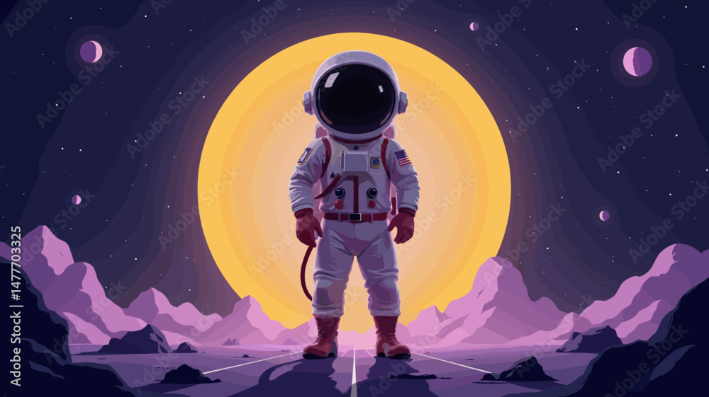 Obraz premium Astronaut standing on alien landscape under a glowing moon 
