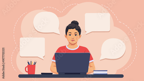 Young woman working on laptop in home office with speech bubbles  