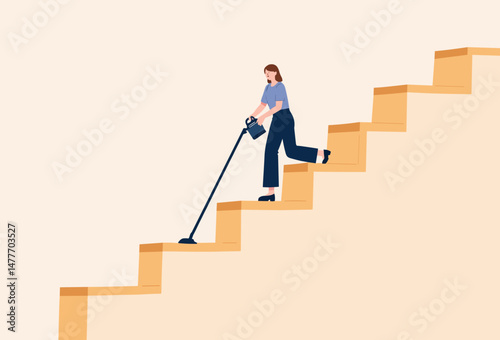 Woman vacuuming stairs while cleaning indoors in a modern style  