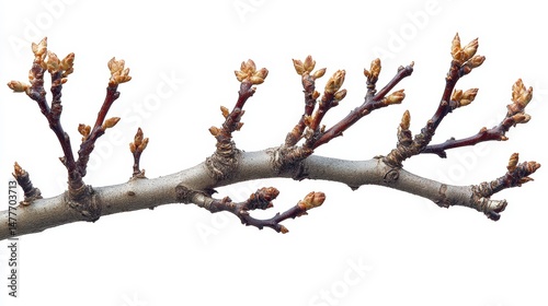 Branch showing nascent buds, anticipating new growth against a stark white background