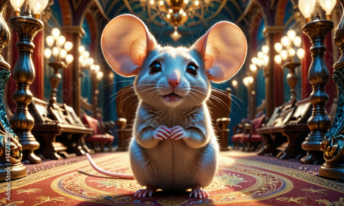 A small mouse is situated on the floor in front of a large chandelier