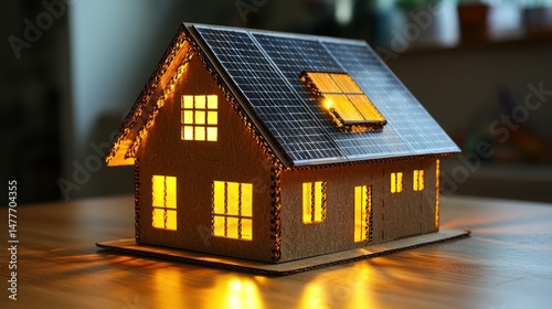 Model house with solar panels, lit up