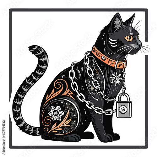 Generate a dark, gritty image of a black cat, heavily tattooed, wearing chains and a lock.  Focus on the textures and details of the tattoos and metal.