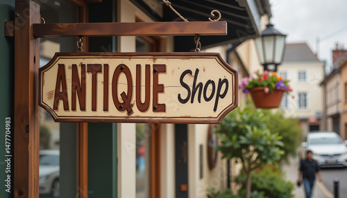 Charming antique shop sign against historic street backdrop, vintage allure