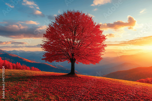 A bright red maple tree stands amidst falling leaves as the sun sets over mountains