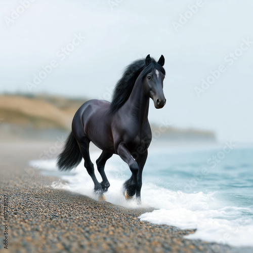 A black horse is running on a beach near the water