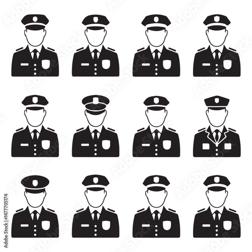 Set of Black Silhouettes of Police Officers – Uniformed Law Enforcement Figures for Security, Protection, and Safety