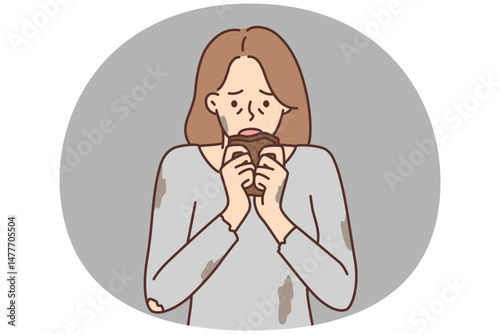 Hungry woman in dirty torn Tshirt brings piece bread to mouth after long absence food. Vector image