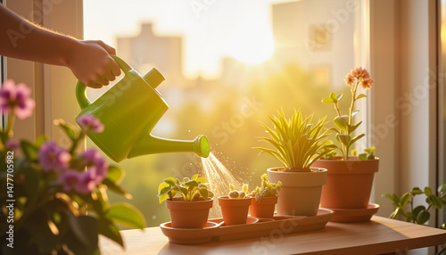Person watering plants on balcony during morning light, urban gardening