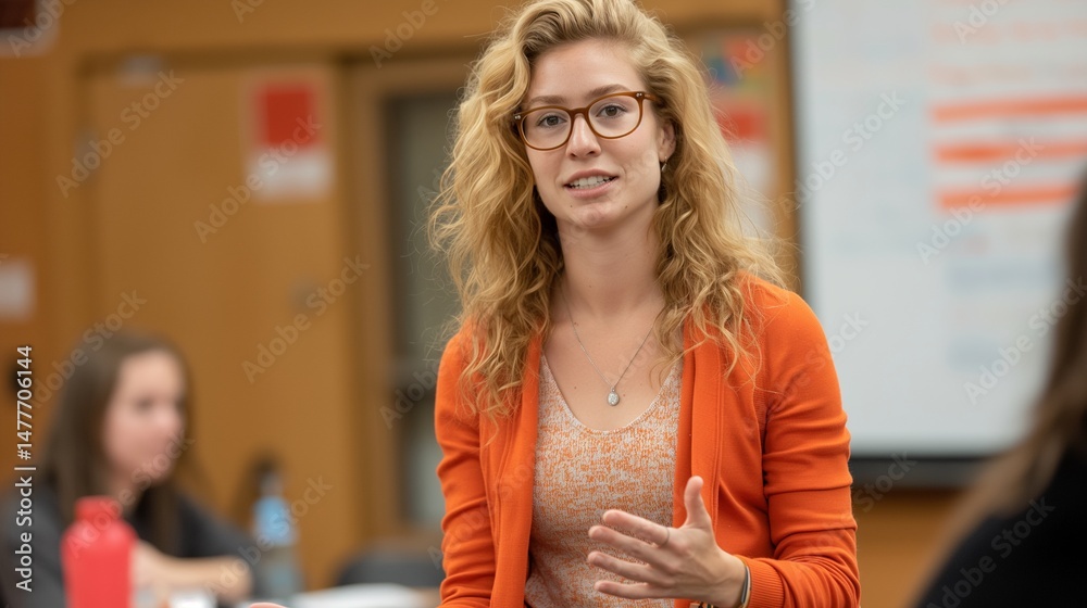 Passionate eyeglasses woman educator leading classroom discussion portrait image. Young female teacher in cardigan picture photorealistic. Knowledgeforall concept photo realistic