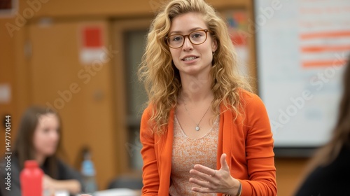 Passionate eyeglasses woman educator leading classroom discussion portrait image. Young female teacher in cardigan picture photorealistic. Knowledgeforall concept photo realistic
