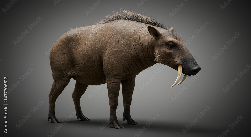 Fototapeta premium Standing Creature with Tusks Against Neutral Background