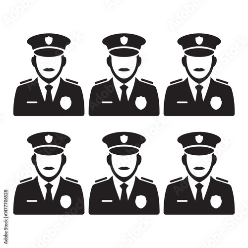 Set of Black Silhouettes of Police Officers – Uniformed Law Enforcement Figures for Security, Protection, and Safety