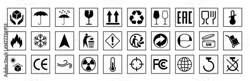 Packaging and warning symbols set for cardboard box, recycle and caution signs, fragile cargo icons, fragile package warning signs, logistics delivery shipping special labels - vector