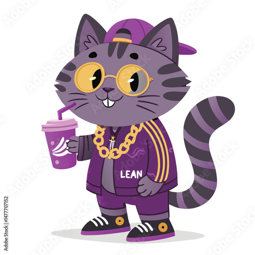 Create a digital painting of a cool cat, wearing grillz and holding a lean cup, styled in a vibrant purple trap music aesthetic.