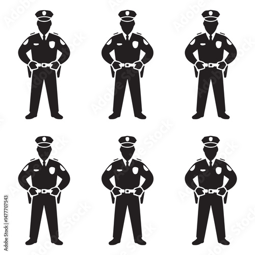 Set of Black Silhouettes of Police Officers – Uniformed Law Enforcement Figures for Security, Protection, and Safety