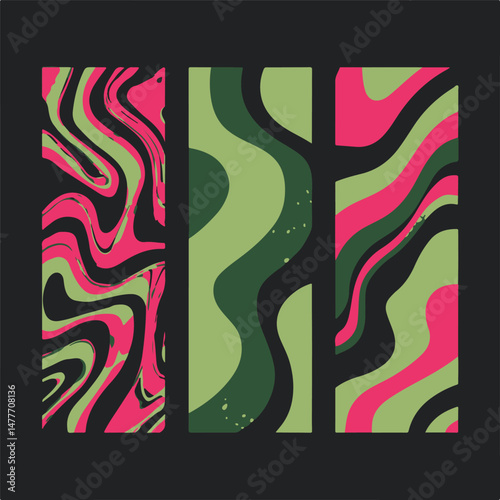 Modern abstract vector illustration with three vertical panels featuring wavy, organic shapes in green, dark green, pink, and black. Trendy, eye-catching design for creative backgrounds or artwork.