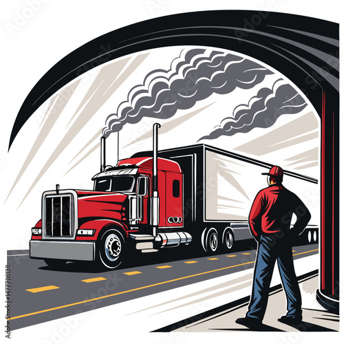 A powerful image of a trucker emerging from a smoky, high-speed highway blur, his big rig looming behind.  Emphasis on motion and grit.