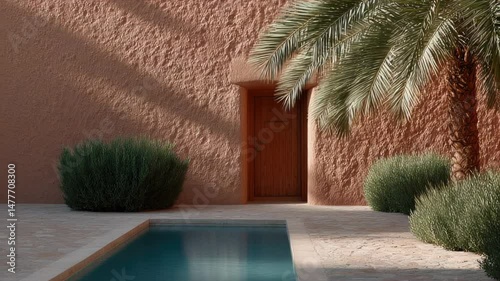 Warm terracotta wall contrasts with lush greenery and tranquil pool reflections