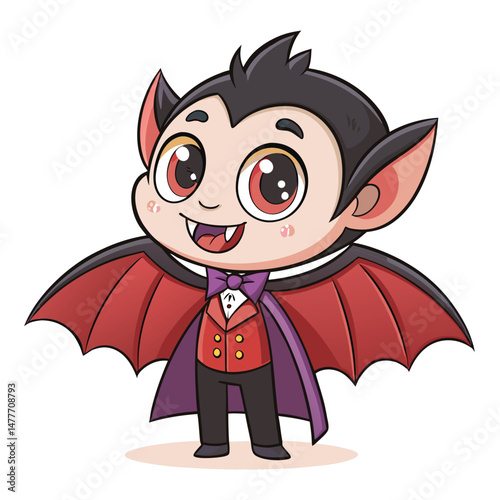 Create a cute chibi vampire character happily clutching a giant bat plushie, showcasing tiny fangs and a mischievous grin.  Include vibrant colors and a playful style.