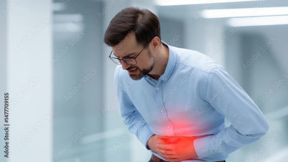 Man holding stomach in discomfort, illuminated by red light, conveying urgency