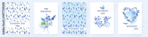 Watercolor greeting cards, blue flowers, muscary, bluebells. mothers, fathers day.  Stock illustration