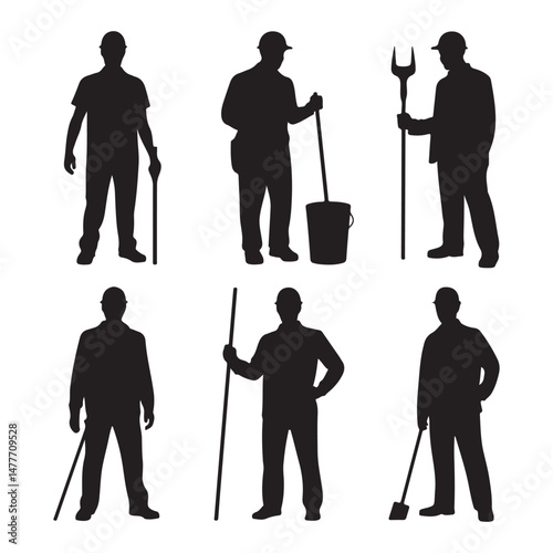 Silhouettes of Various Workers Holding Tools in Industrial Settings
