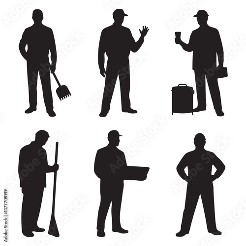 Silhouettes of Various Workers Holding Tools in Industrial Settings