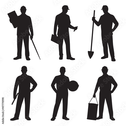 Silhouettes of Various Workers Holding Tools in Industrial Settings