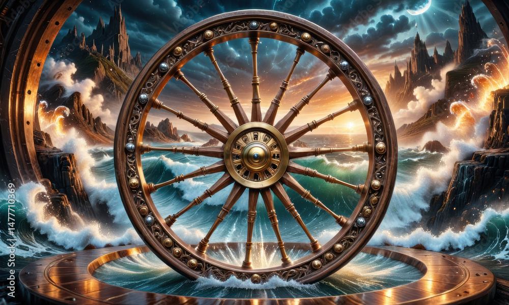 Obraz premium A spinning wheel of fortune floating on the open ocean, perfect for illustrations about adventure, travel, or decision-making