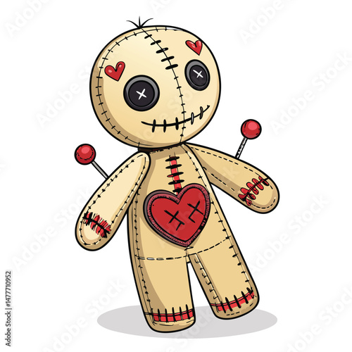 A detailed image of a handcrafted voodoo doll, showcasing stitched limbs, a patchwork head, and intricate needlework details.  Depict textures and materials realistically.