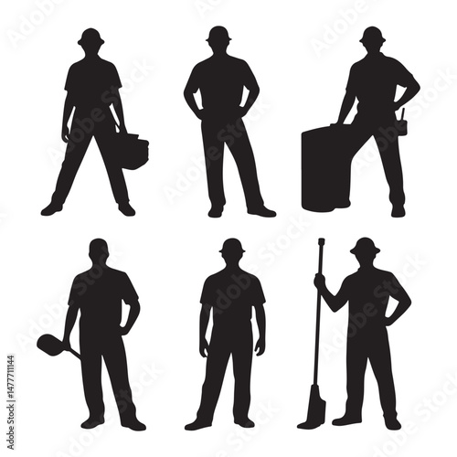 Silhouettes of Various Workers Holding Tools in Industrial Settings
