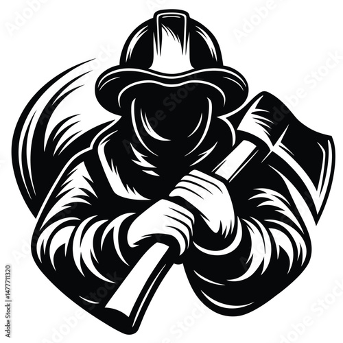 Brave Firefighter Holding Axe Illustration