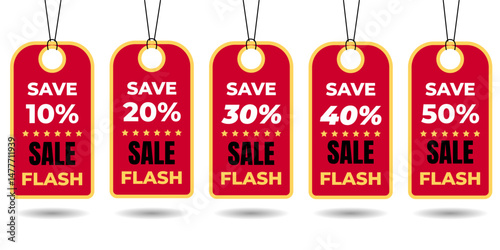 Set of coupon templates, Tickets, Gifts, for discount, color red, yellow, 10, 20, 30, 40, 50 SALE FLASH Vector Stars