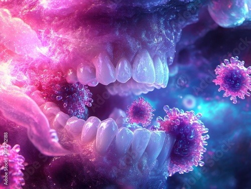 Artistic depiction of probiotics protecting gums and teeth, glowing and vibrant visuals