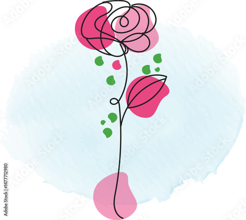 Abstract Single Line Rose Drawing on Watercolor Background Pastel Pink and Blue