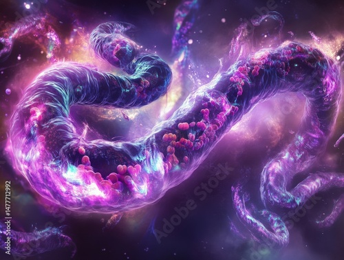 Artistic representation of synbiotics working in harmony within the gut, glowing and dynamic visuals