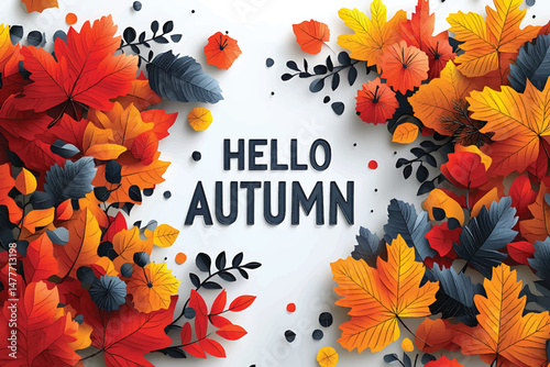 Artistic autumn features textured orange and yellow leaves surrounding a bold Hello Autumn inscription
