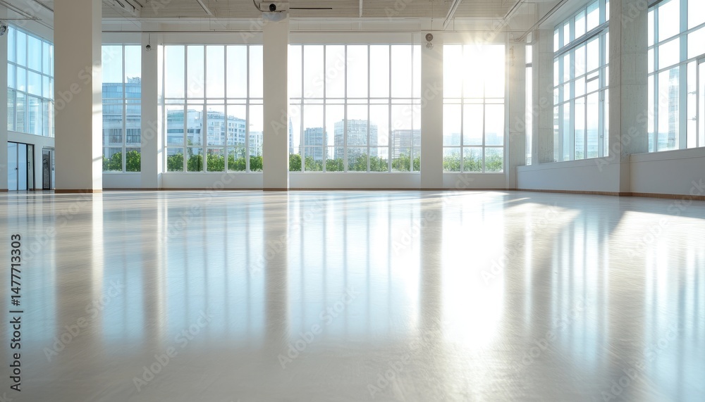 Fototapeta premium Bright spacious interior with polished floor and distant urban view architecture and design