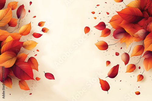 Autumn colored leaves are dispersed on a cream background with a clear and crisp style