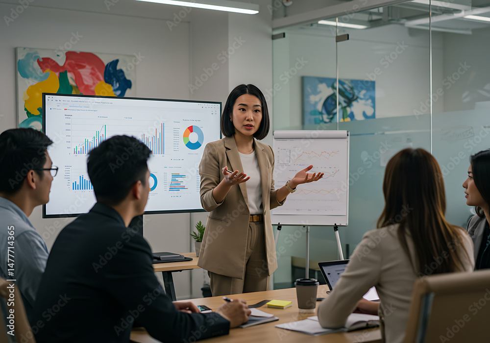 Obraz premium Confident Businesswoman Presenting Financial Data to Colleagues (1)
