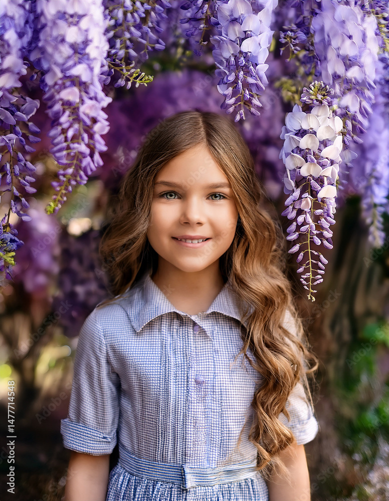 Fototapeta premium Young woman posing by vibrant blooming wisteria, dreamy floral portrait
