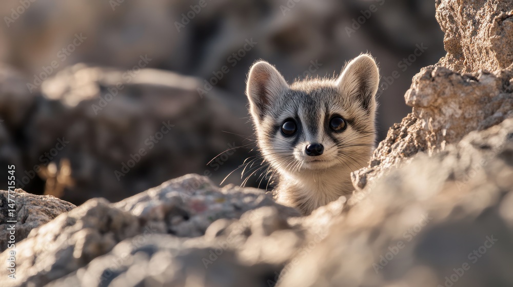 Fototapeta premium Intriguing gaze of a curious kit fox peering amidst rocky terrain