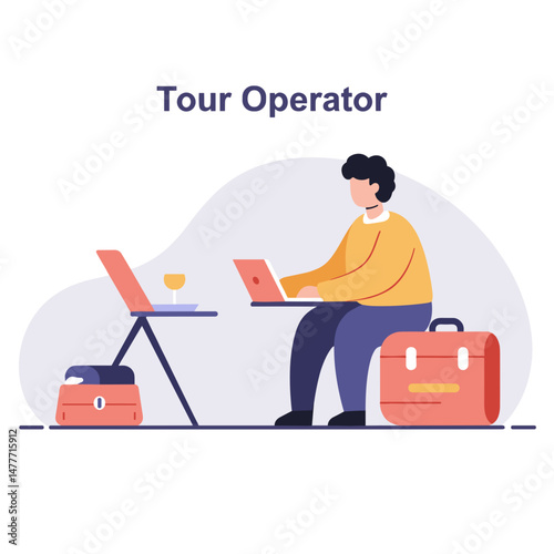Tour Operator working on laptop while sitting at table with bag  