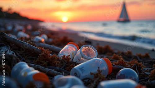 An Environmental concern, polluted beach scene with the sunset in the background and boat on the sea.