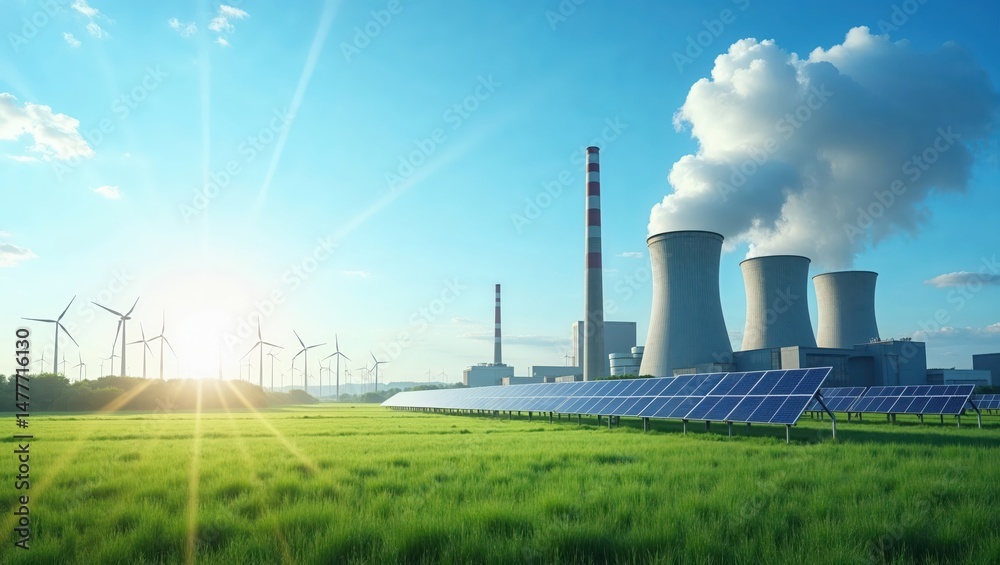 Energy production combines solar, wind, and nuclear power at a modern facility under a bright blue sky Energy production combines solar, wind, and nuclear power at a modern facility under a bright blue sky