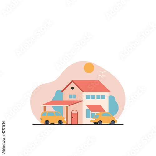 Budget accommodations house with two cars under sunny sky  