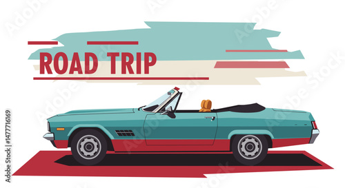 Classic convertible road trip illustration in retro style with blue colors  