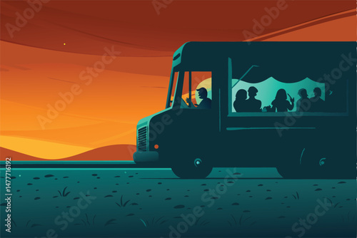 Create a bold vector illustration of a vibrant food truck, showcasing its design and menu details.  Include strong lines and saturated colors.