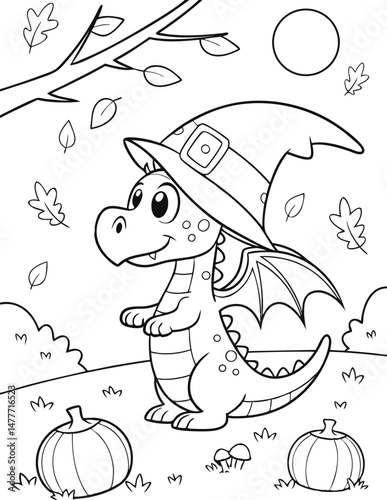 Cute Dragons wearing witch hats outline cartoon illustration. Halloween coloring book page activity for kids and adults.